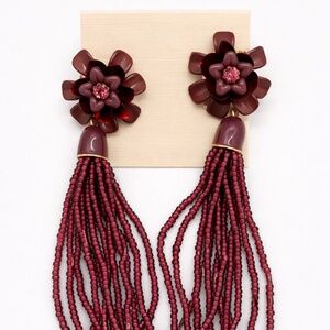 NEW Burgundy Floral Earrings With Beaded Tassels